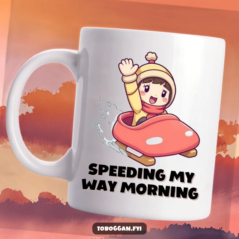 Funny Mug: Character joyfully waving from a speeding toboggan, capturing the exhilarating and slightly chaotic thrill of downhill winter fun.