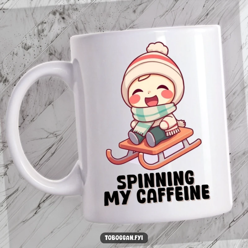 Funny character in a tiny scarf laughing as their sled spins around on a mug.