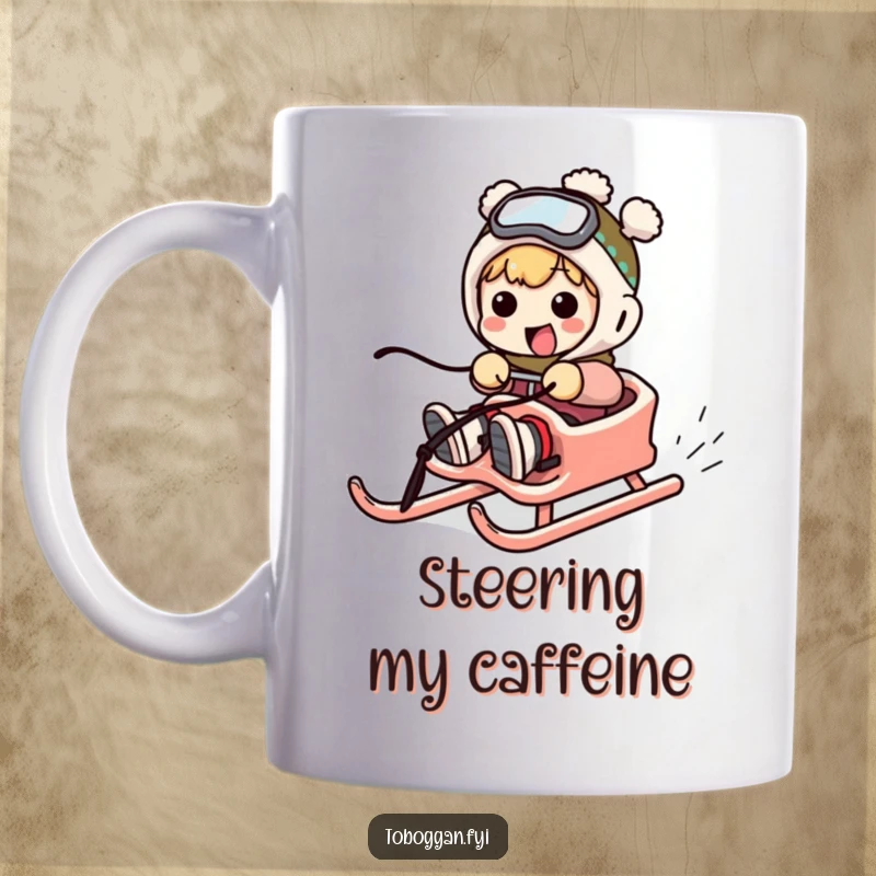 Funny mug with a character comically losing control while steering a sled, showcasing extreme winter fun.
