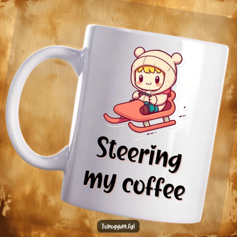 Funny mug of a character comically steering a toboggan with exaggerated, wild motions down a snowy hill.