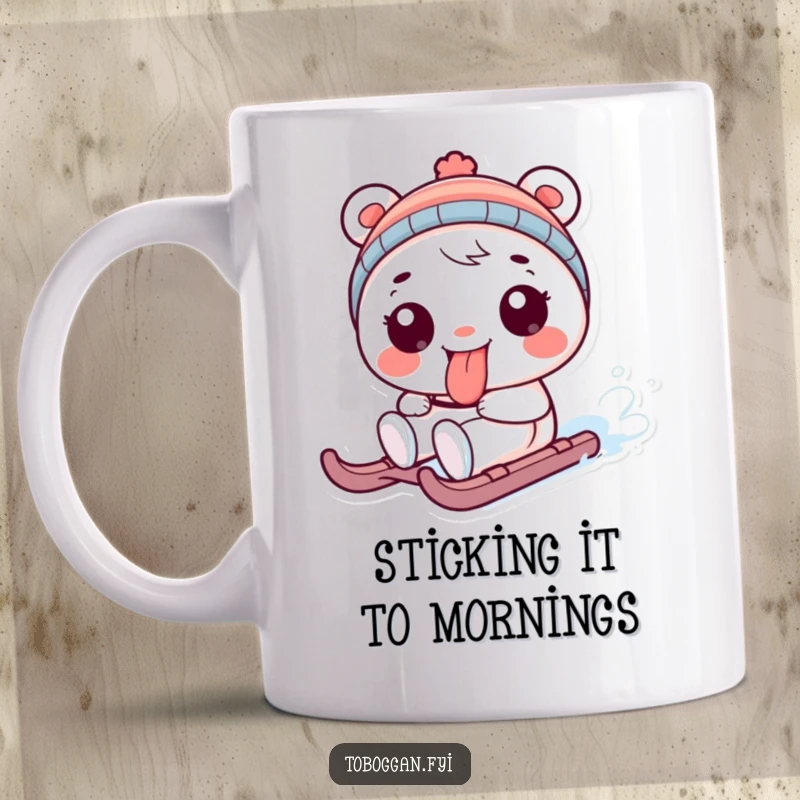 Funny mug featuring a playful character sticking its tongue out while sledding, a humorous and mischievous winter gift.