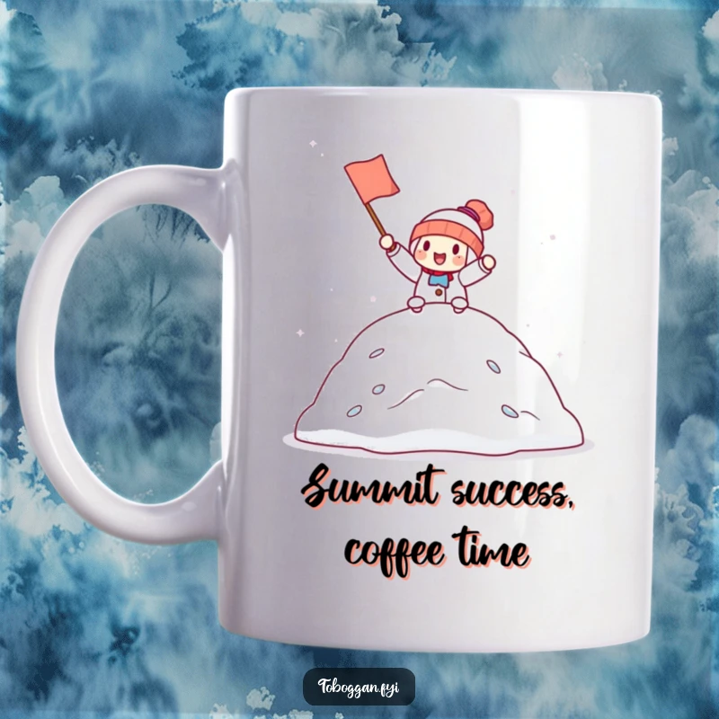 Funny mug showing a character holding a tiny flag, enthusiastically cheering from the summit of a fluffy snowdrift, embodying playful victory.