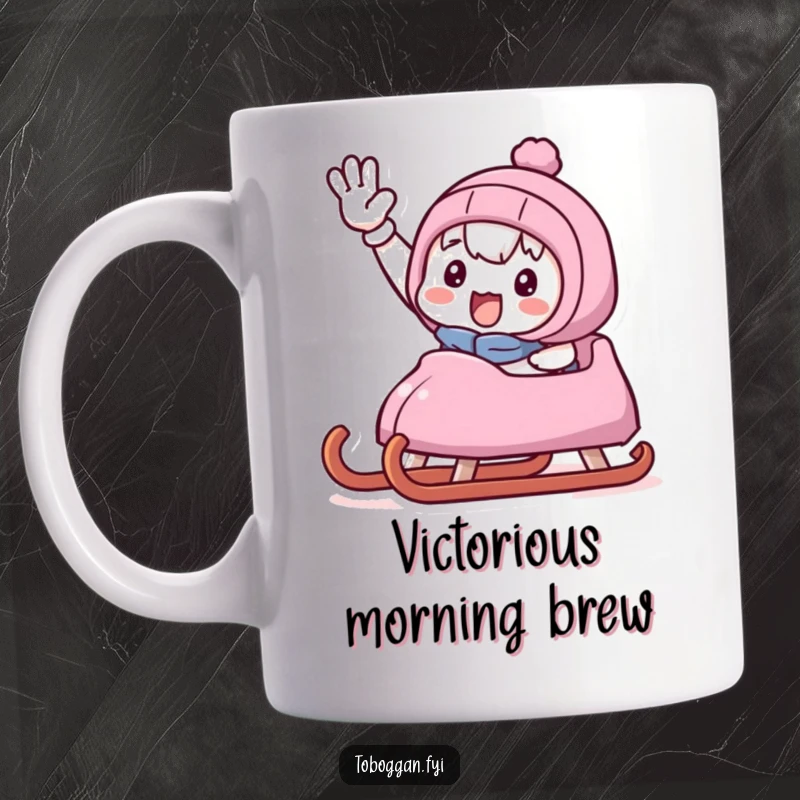 Funny mug featuring a cute character giving a happy, triumphant wave from a sled speeding down a snowy hill.