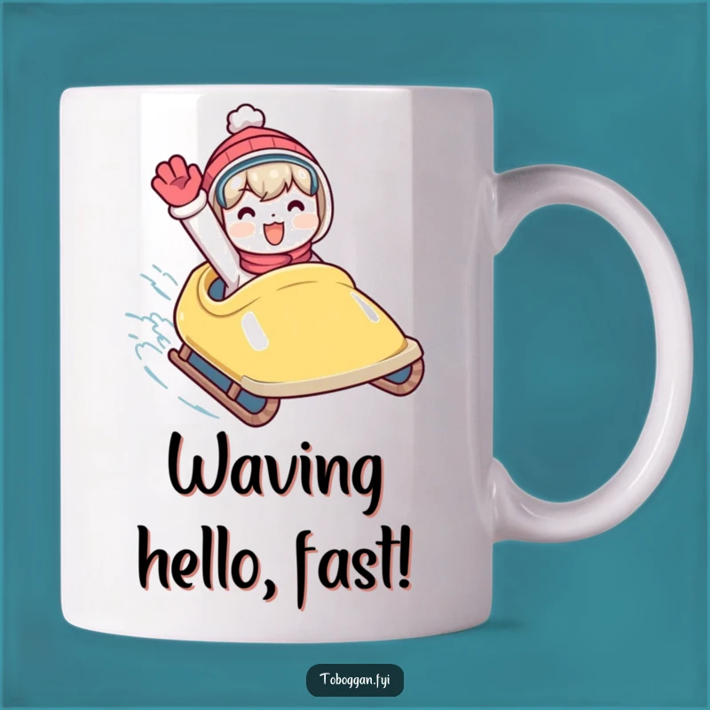 Funny Toboggan Wave Mug: Enthusiastic Character Speeding, Hilarious Winter Gift