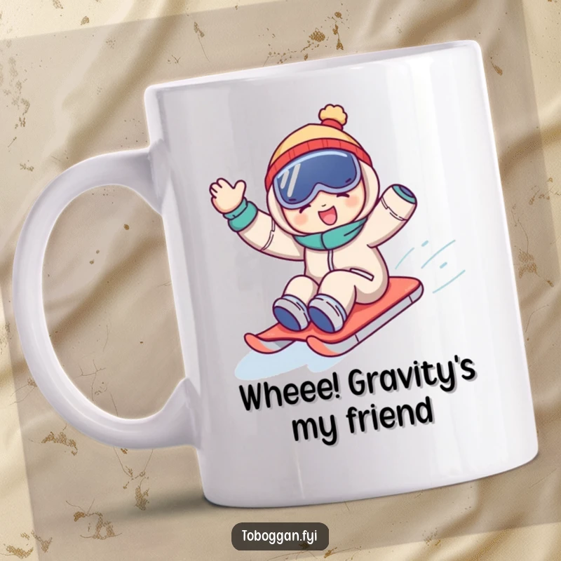 Funny mug showing a character gleefully waving while speeding downhill on a sled, capturing pure winter joy and humor.