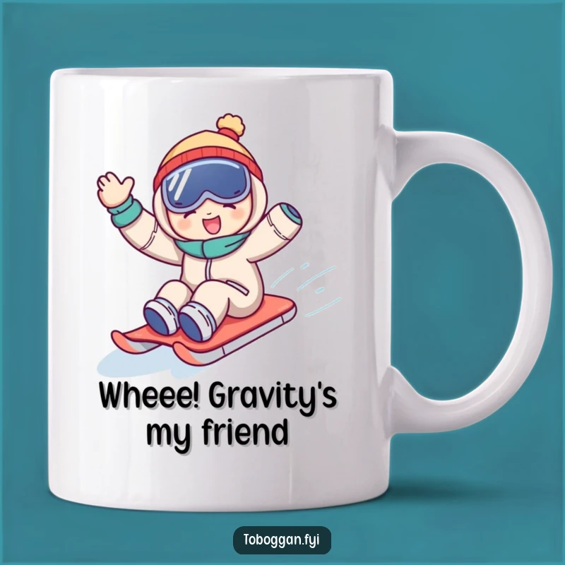 Funny Sledding Character Mug: Joyful Wave Downhill, Perfect Humorous Gift!