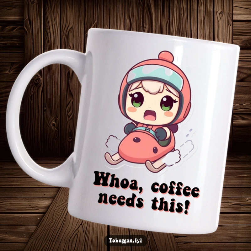 Funny mug featuring a character's shocked face as their sled accelerates downhill with comical speed, perfect for winter lovers.