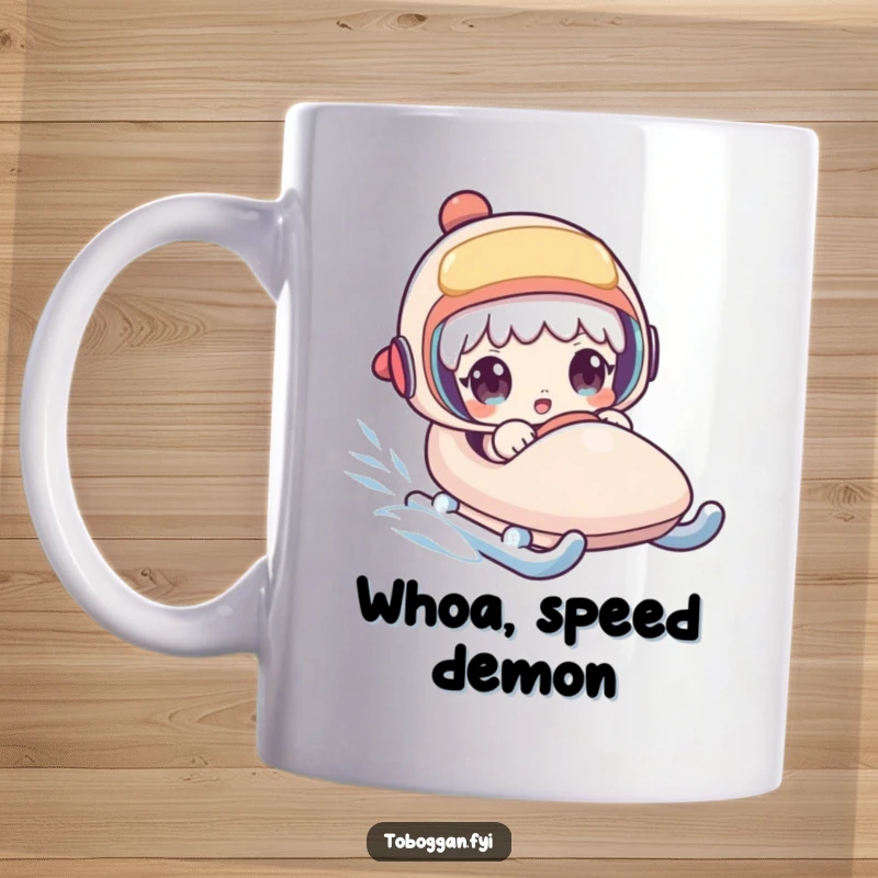 Funny mug showing a character's wide-eyed surprise as their sled accelerates rapidly downhill.