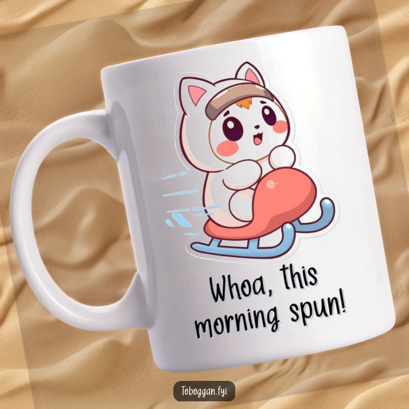 Funny mug featuring a character looking surprised as their sled spins quickly, a humorous winter sports gift.