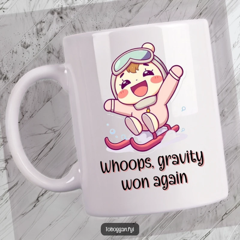 Funny mug showing a cartoon character with a huge grin, hilariously falling backward off a sled in complete surprise during a winter adventure.