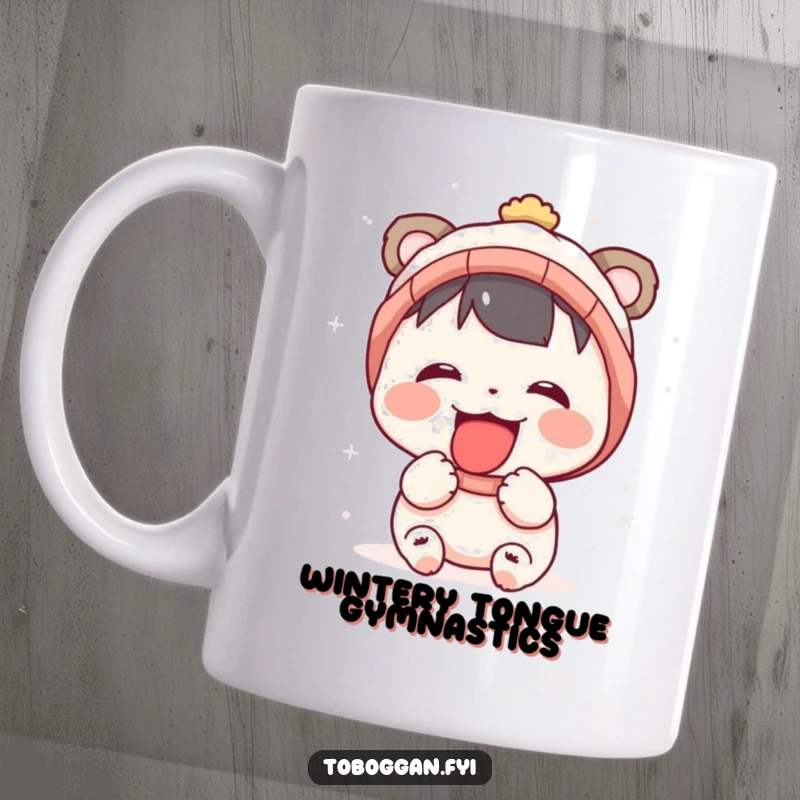 Funny mug with a cartoon character happily catching snowflakes on their tongue, embracing winter's playful chill.