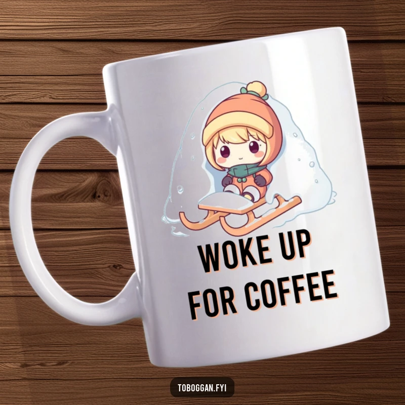 Funny snow surprise mug featuring a character popping out from under a pile of snow on a sled, embodying playful winter mischief.