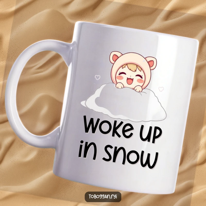 Funny mug featuring a cute character joyfully emerging from a soft, fluffy pile of snow, embodying winter happiness and fun.