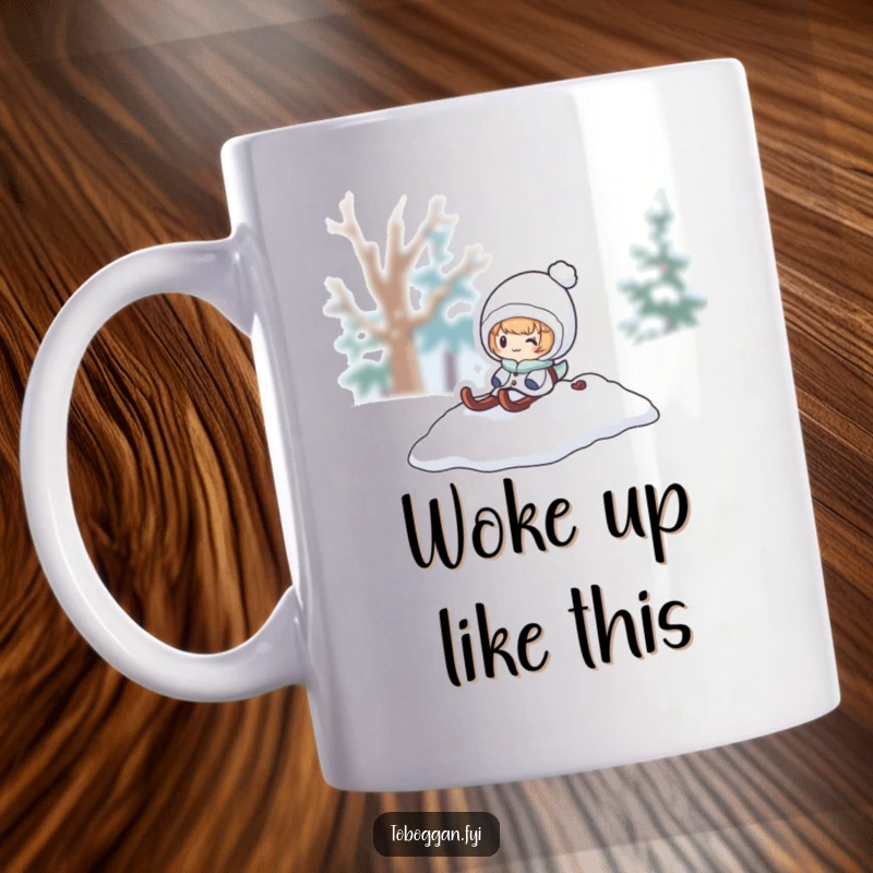 Funny winter mug, a character pops out from under a snowy sled pile, expressing playful surprise and winter cheer.