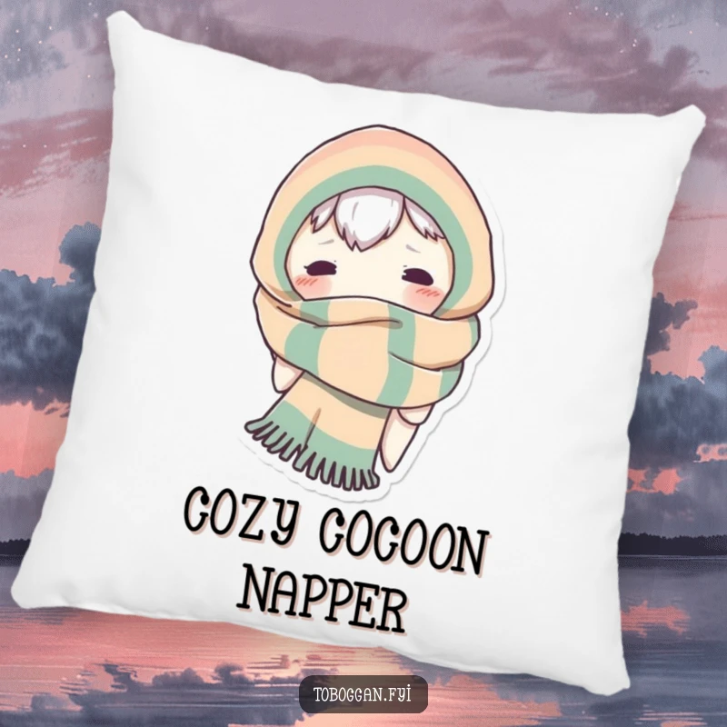 Funny pillow with a character comically wrapped in a scarf, peeking out with a cute and playful expression.