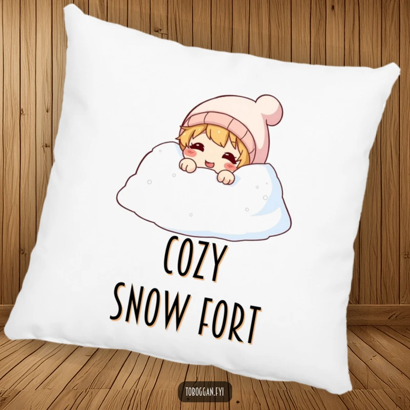 Funny pillow with a character peeking with a giggle from a snowdrift, perfect for cozying up with winter humor.