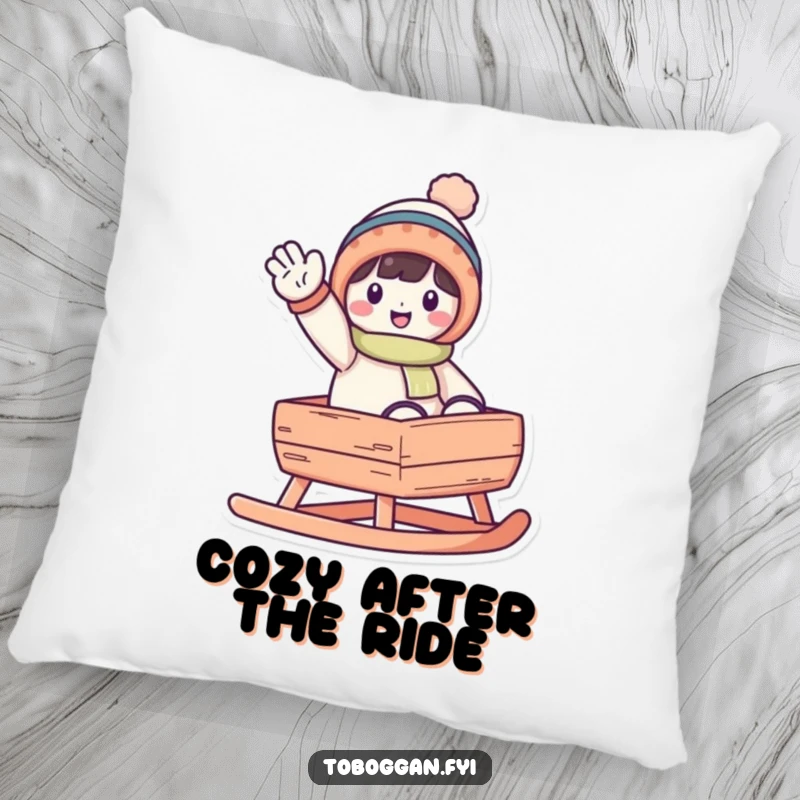 Funny waving toboggan character pillow, soft and decorative cushion featuring a cheerful character waving from a toboggan.