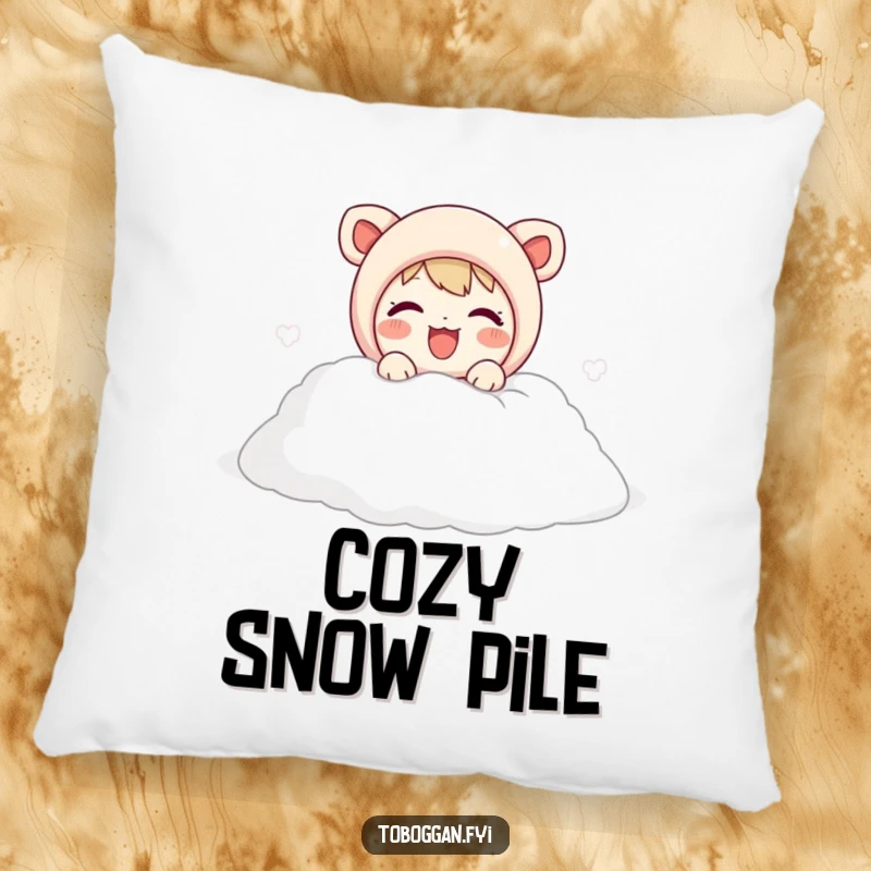Funny pillow depicting a cute character joyfully emerging from a soft snow pile, ideal for adding cozy humor to any room.