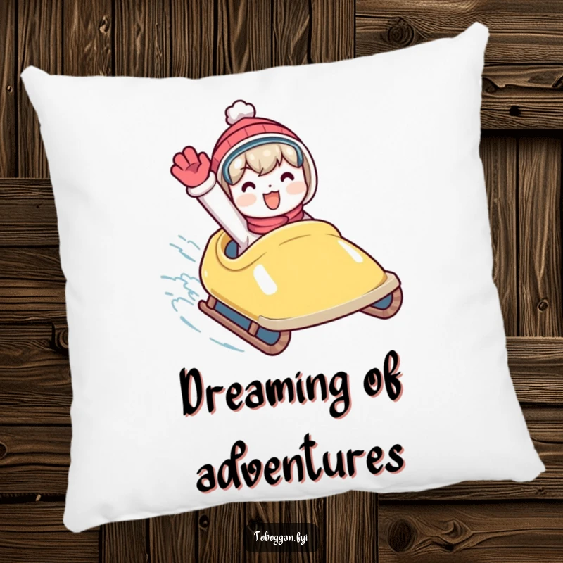 Funny pillow depicting a character waving enthusiastically from a speeding toboggan, adding a cheerful touch to decor.