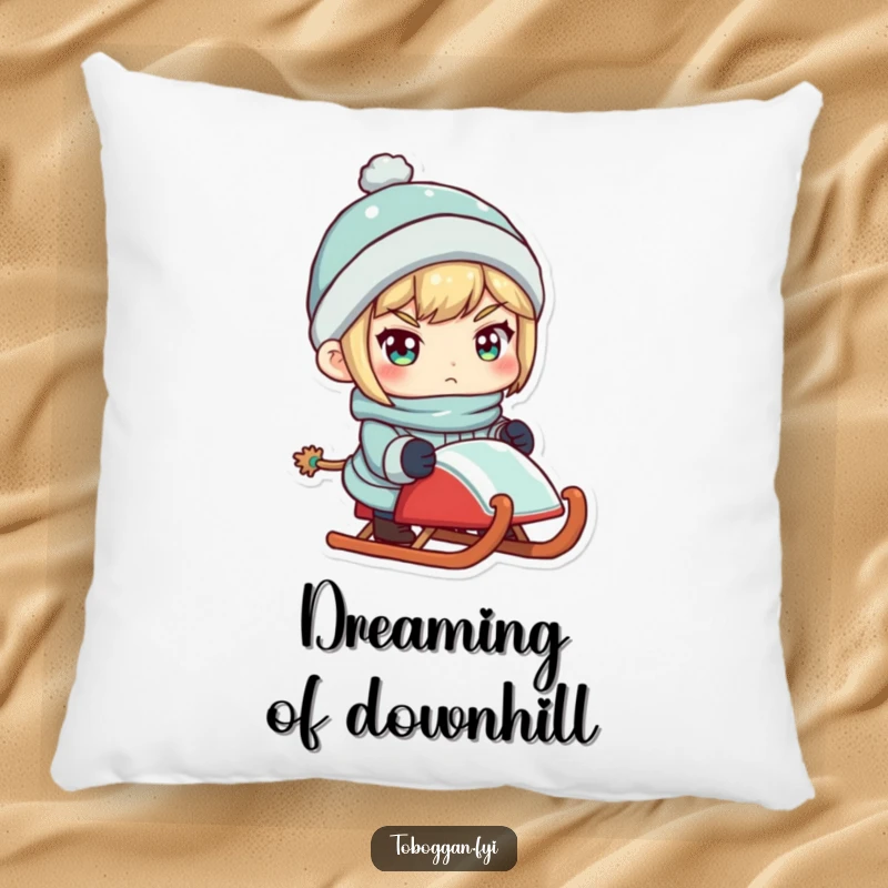 Funny pillow with a determined character holding a sled, perfect for winter-themed relaxation.