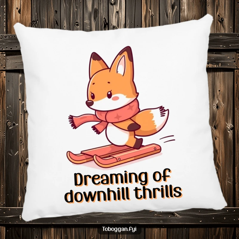 Funny pillow depicting a determined fox in a scarf, comically chasing a runaway toboggan, for cozy laughs.