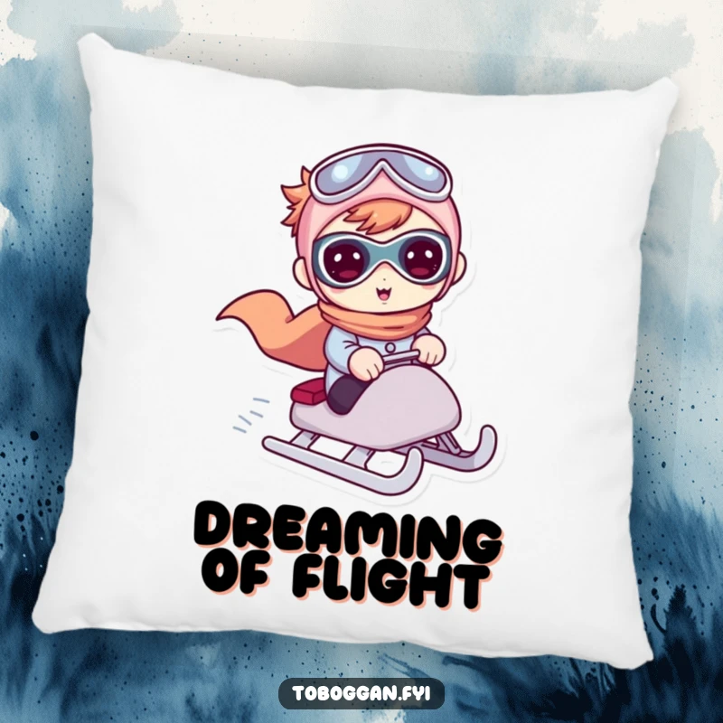 Funny pillow depicting a cute character in a superhero stance while riding a sled, perfect for adding action-packed humor.