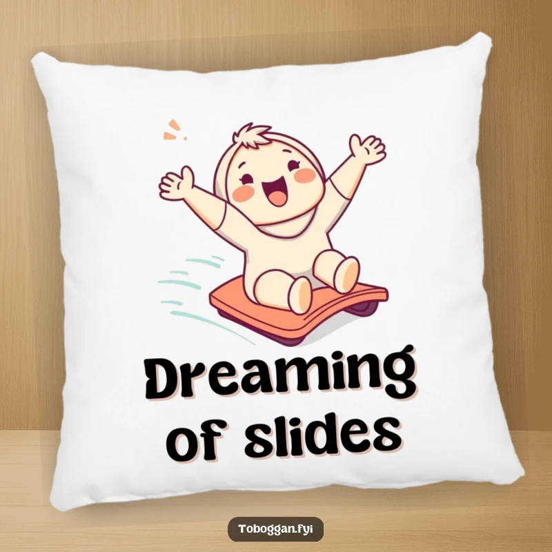 Funny pillow showing a cute character happily sliding down a gentle hill, full of cheer and excitement.