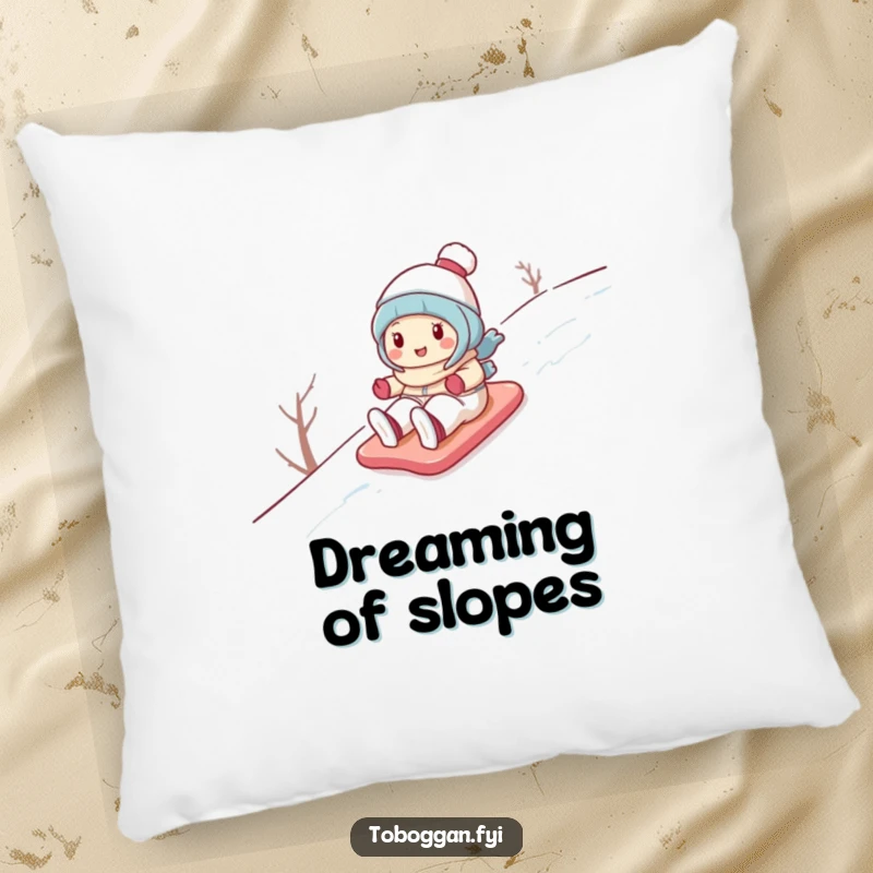 Funny pillow with a cute cartoon character gleefully sliding down a snowy hill, offering cozy comfort and winter cheer.