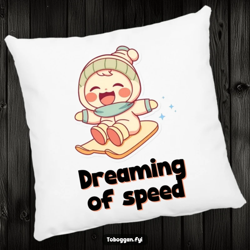Funny pillow showing a character hysterically laughing during a fast slide down a snow-covered slope, adding joy to decor.