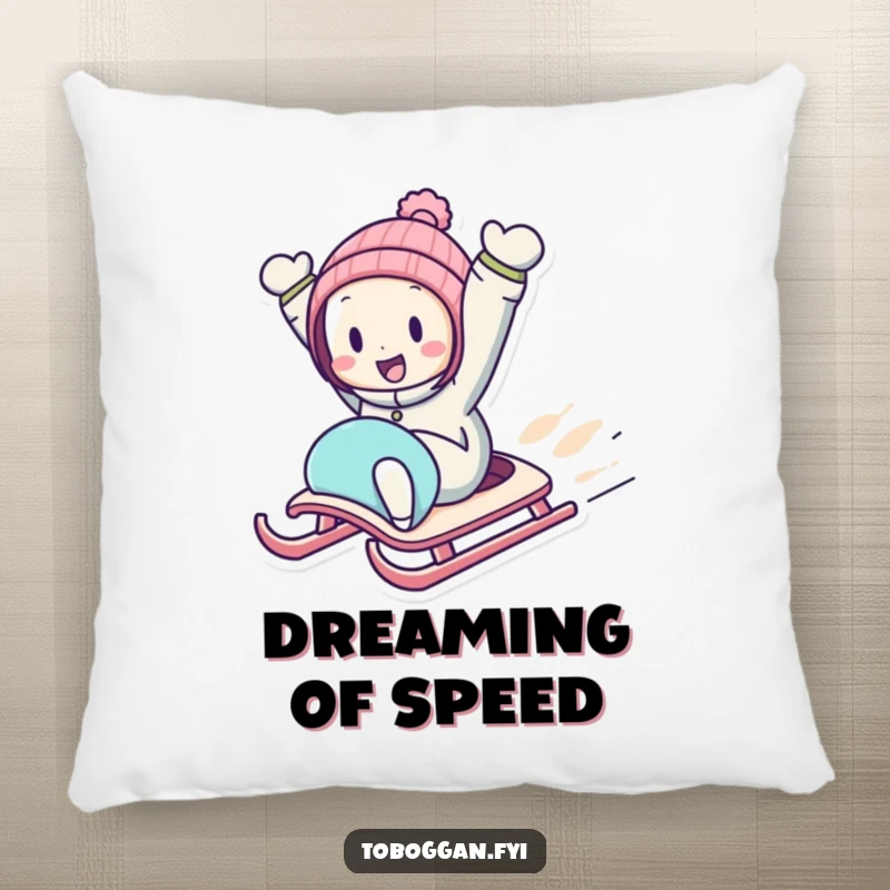 Funny Downhill Sledding Pillow with a character zooming downhill on a sled with arms in the air, perfect for cozy thrills.