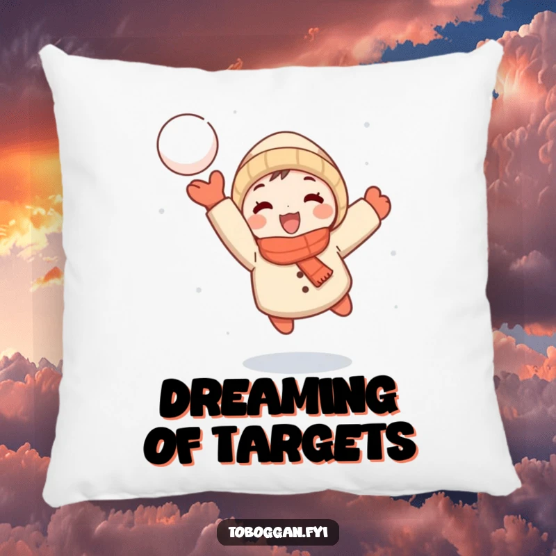 Funny pillow with a small cartoon character joyfully throwing a snowball mid-flight, perfect for cozying up with winter fun.