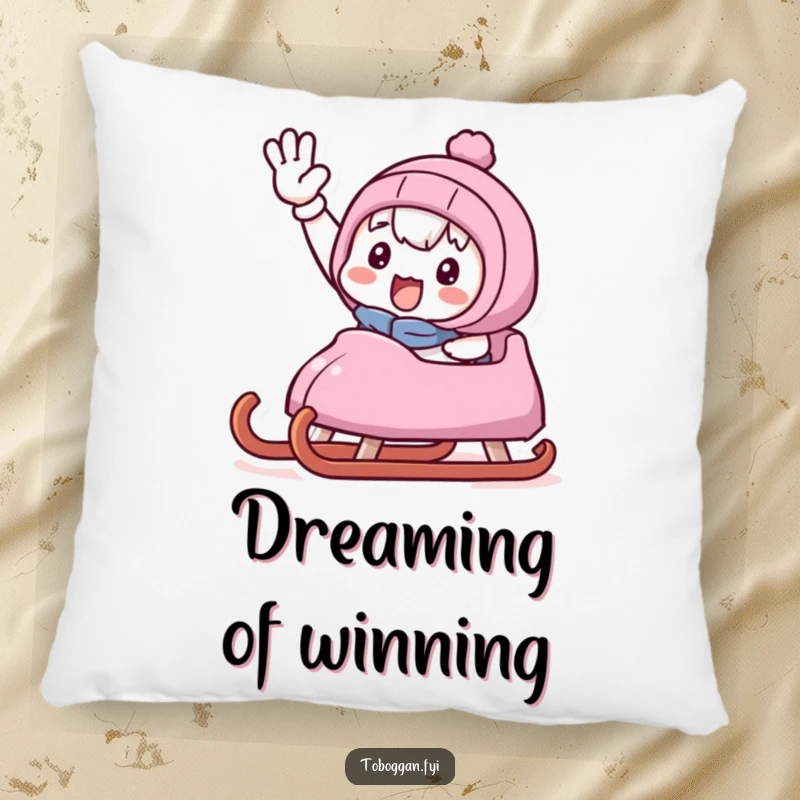 Funny pillow featuring a cute character giving a proud, triumphant wave while seated on a sled on a snowy path.