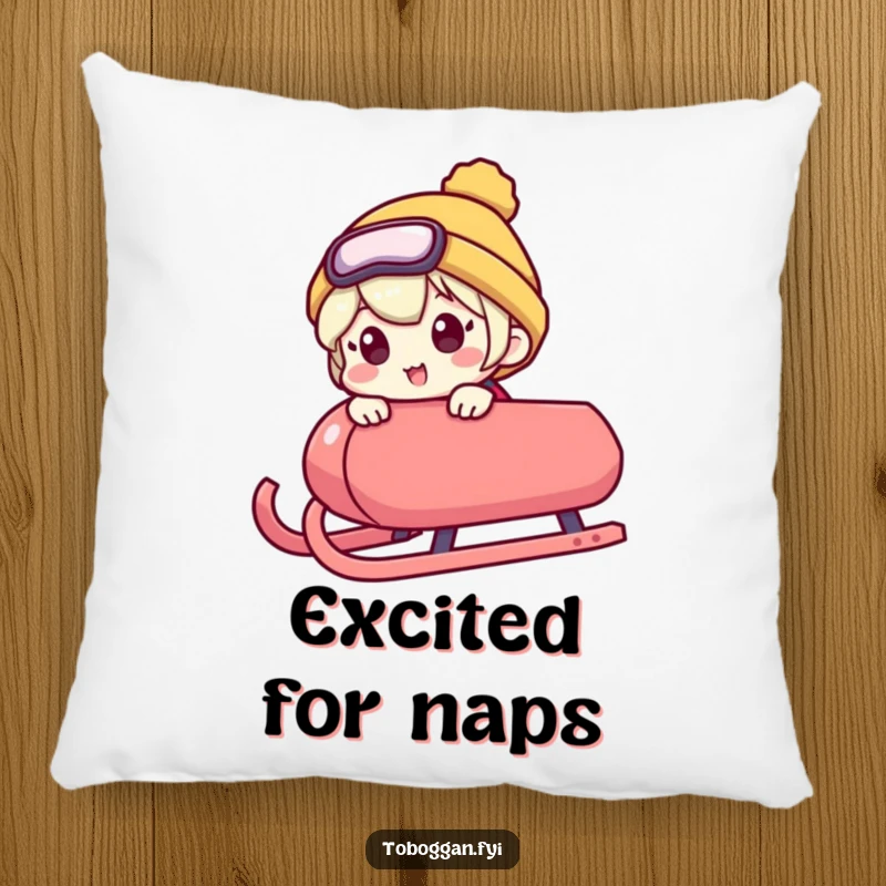 Funny pillow showcases a character peeking over a sled's edge with an excited expression, bringing humorous winter vibes and cozy comfort.