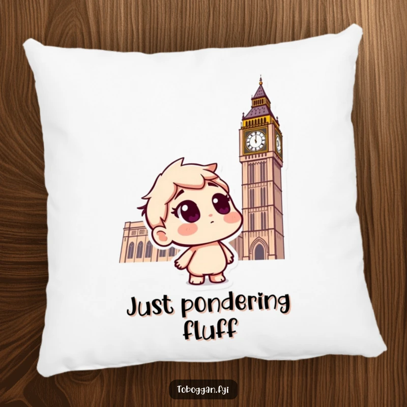 Funny pillow featuring a curious character questioning snowflakes while riding a toboggan, adding a touch of winter whimsy.