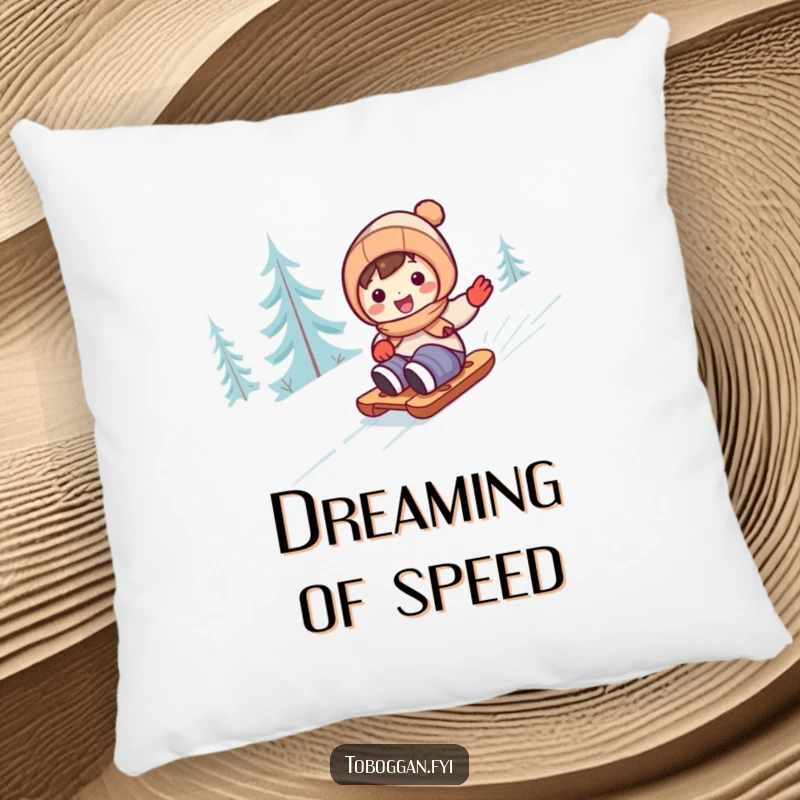 Funny cute character sledding downhill with glee on a pillow, offering comfort and humor.