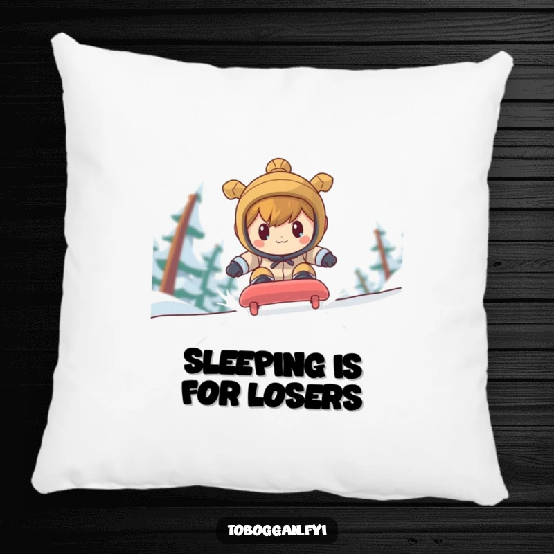 Funny character with a determined expression racing down a toboggan run on a soft, decorative pillow.