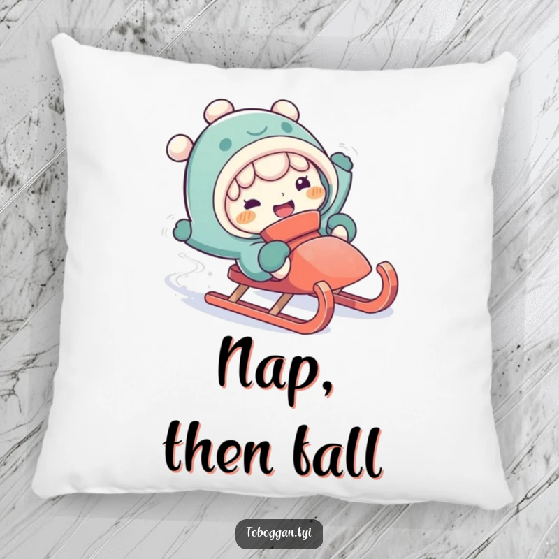Funny falling off sled pillow featuring a character with a silly expression during a comical fall, perfect for comfort.