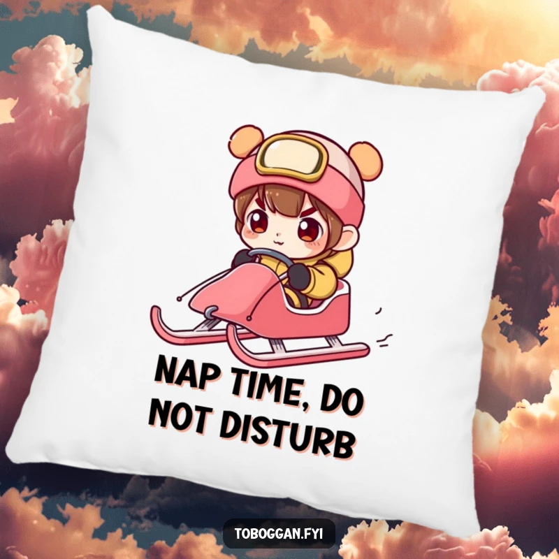 Funny character concentrating intensely on steering a sled, offering soft comfort and a touch of winter focus.