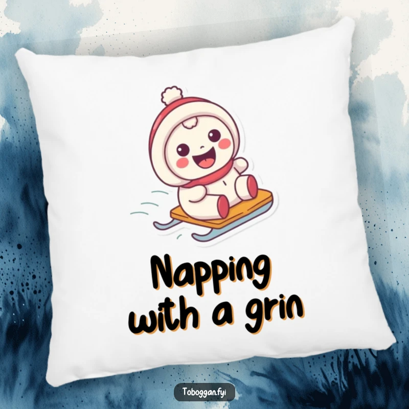Funny pillow depicting a character with a wide grin happily sliding on a sled, perfect for cozy relaxation.
