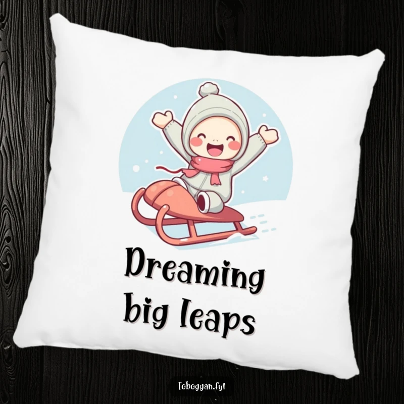 Funny pillow depicting a cute character with rosy cheeks joyfully jumping from a sled, offering comfort and winter cheer.