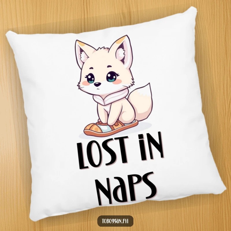 Funny curious arctic fox in a snowshoe looking lost on a plush pillow, perfect for humorous and cozy home accents.
