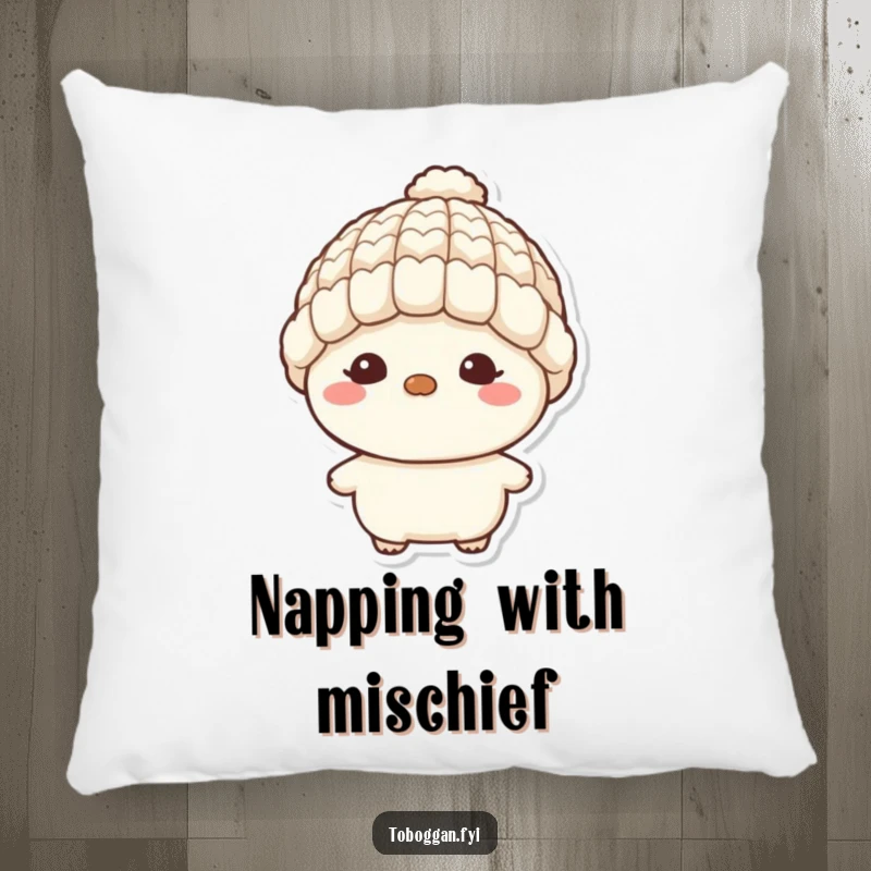 Funny pillow featuring a character with a tiny wool hat and a mischievous grin, offering comfort and playful vibes.