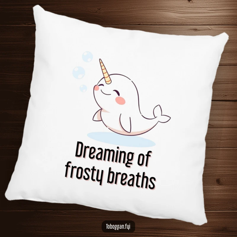 Funny narwhal pillow with a giggling character comically blowing snow bubbles, a soft and humorous home accent.