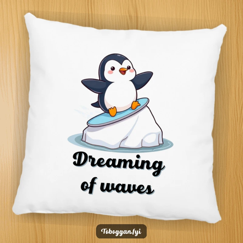 Funny playful penguin surfing on an iceberg on a plush pillow, perfect for humorous and cozy home accents.