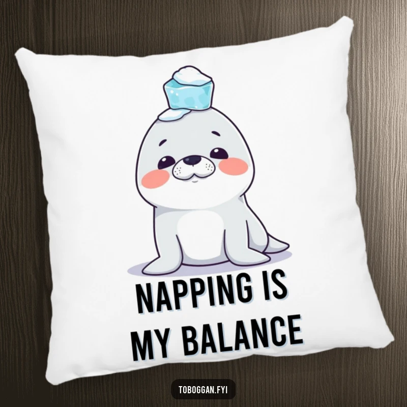 Funny Seal Pillow: A mischievous seal character is shown trying to balance icicles on its nose, offering soft and humorous decor.