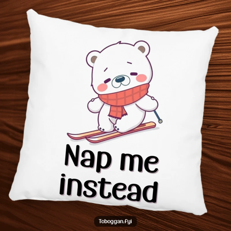 Funny confused polar bear in a scarf struggling to ski uphill on a plush pillow, perfect for humorous and cozy home accents.