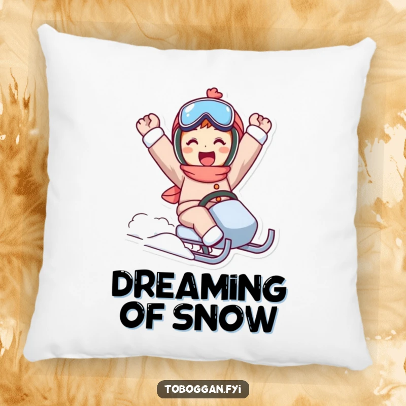 Funny sled ride pillow featuring a character in a triumphant pose, perfect for adding comfort and cheer.