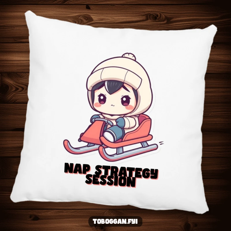 Funny pillow depicting a character steering a sled with exaggerated concentration, adding a humorous and focused touch to decor.