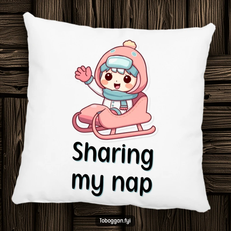 Funny sledding character pillow with a friendly character sharing a sled and waving, perfect for cozying up with winter cheer.