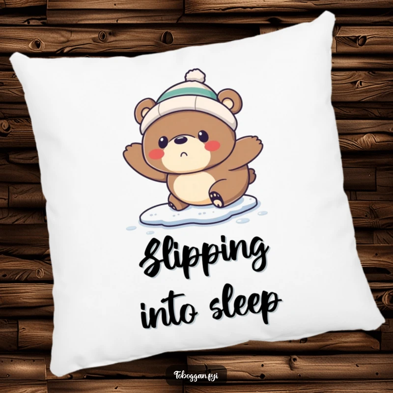Funny Pillow: A startled bear wearing a tiny toque comically slips on ice, offering comfort and winter humor.